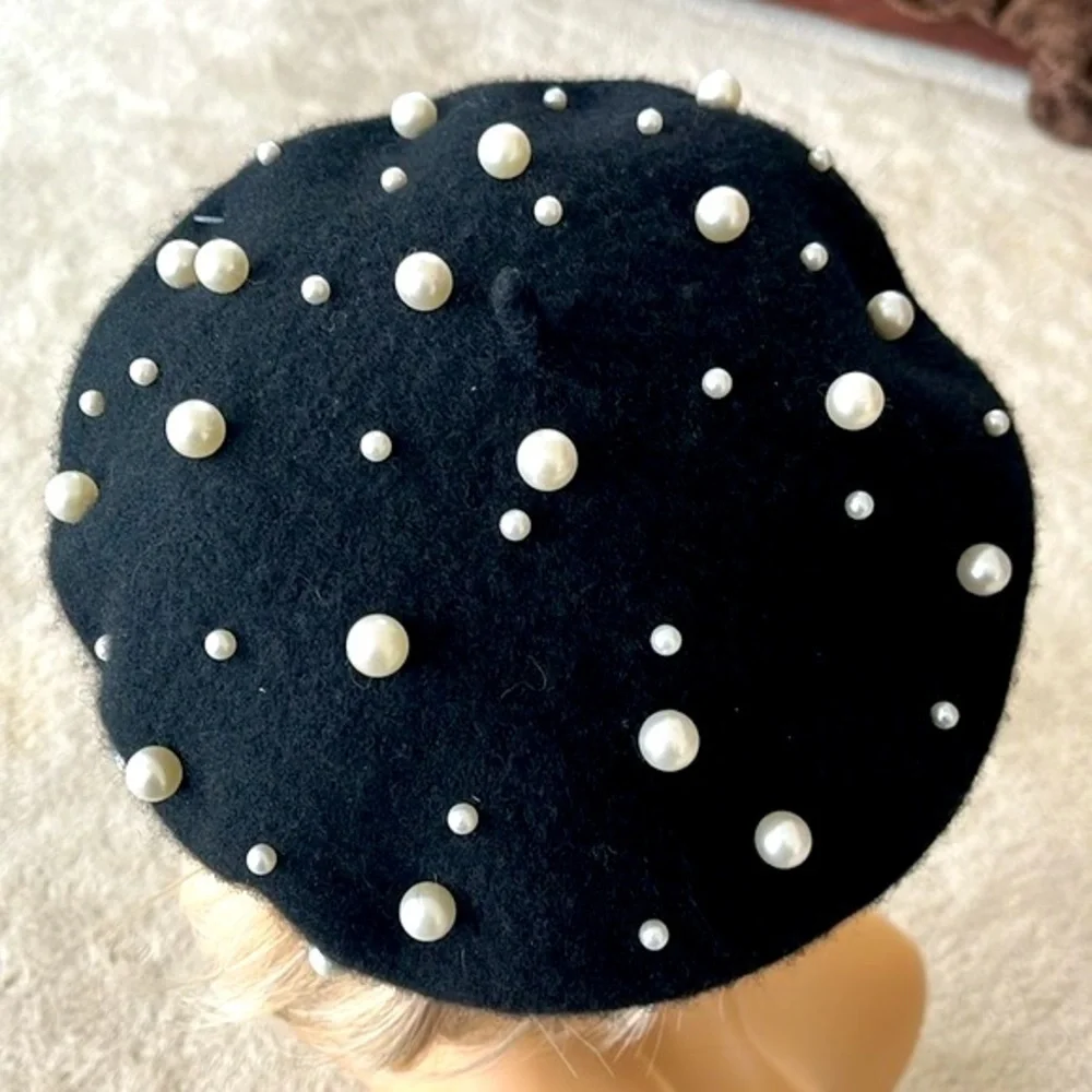Brand New Jessica Simpson Black Wool French Beret w/ Faux Pearl Accents Beaded